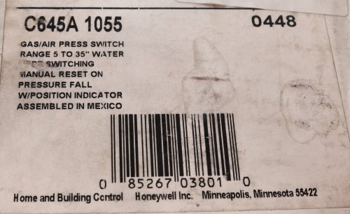 HONEYWELL PRESSURE SWITCH 5-35in W.C.