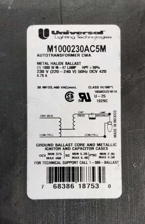 UNIVERSAL LIGHTING BALLAST FOR METAL HALIDE 1KW 230V 50Hz